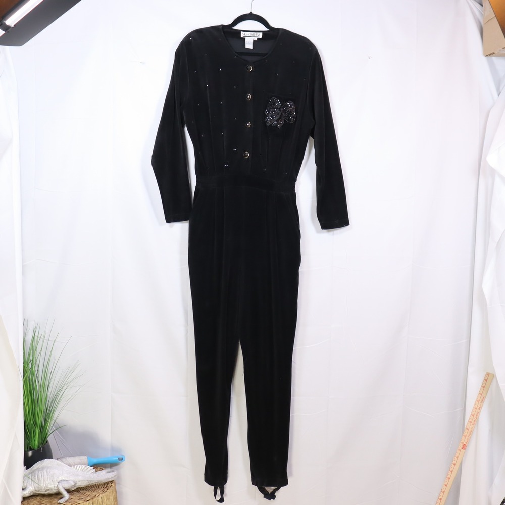 SK & Company Velvet Jumpsuit M Black Womens Vintage Sequin Stirrup